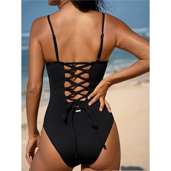 Berlook One Piece Swimsuit Black XS Extra Small Corset Lace Up Back NEW NWT Bag